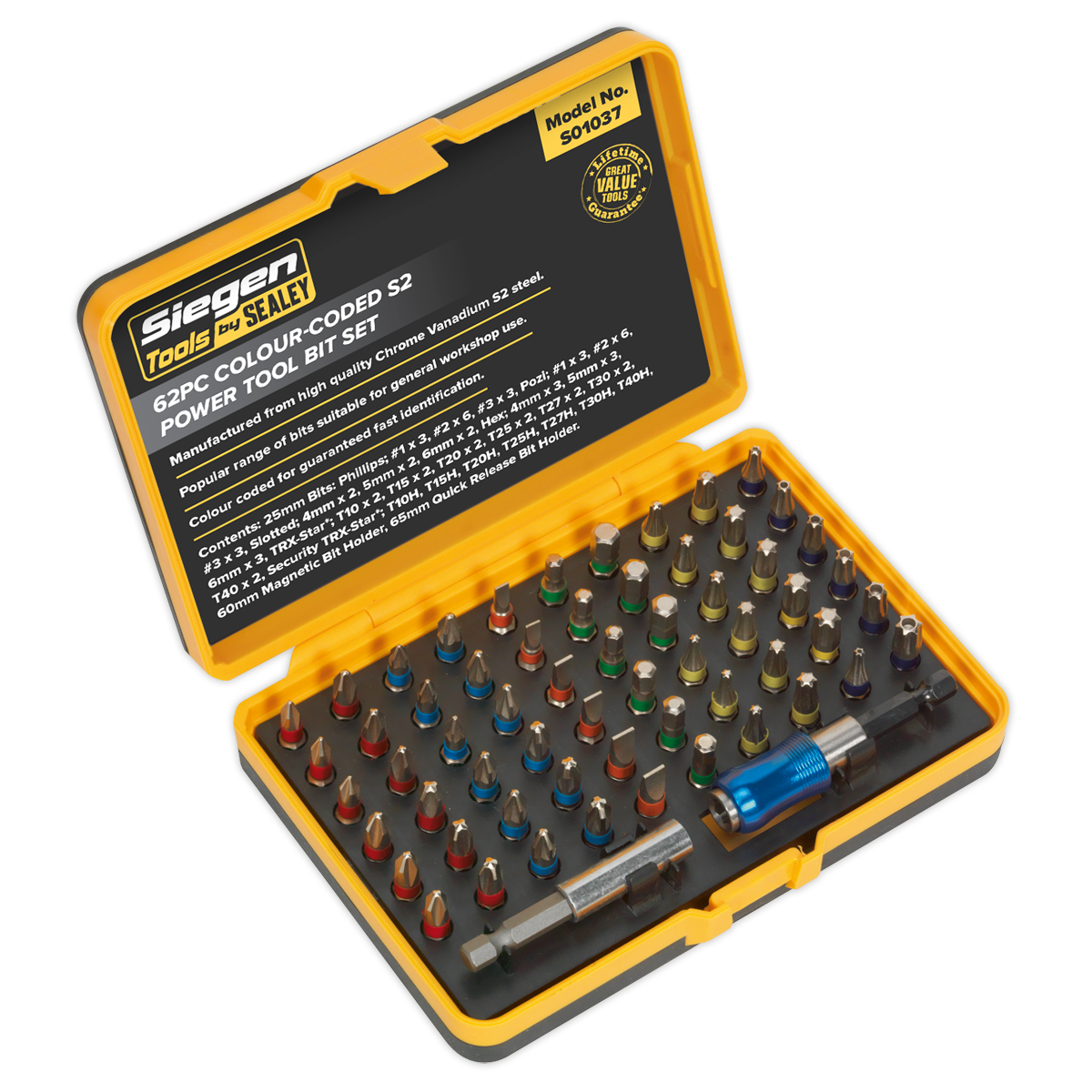 SEALEY - S01037 Power Tool Bit Set 62pc Colour-Coded S2