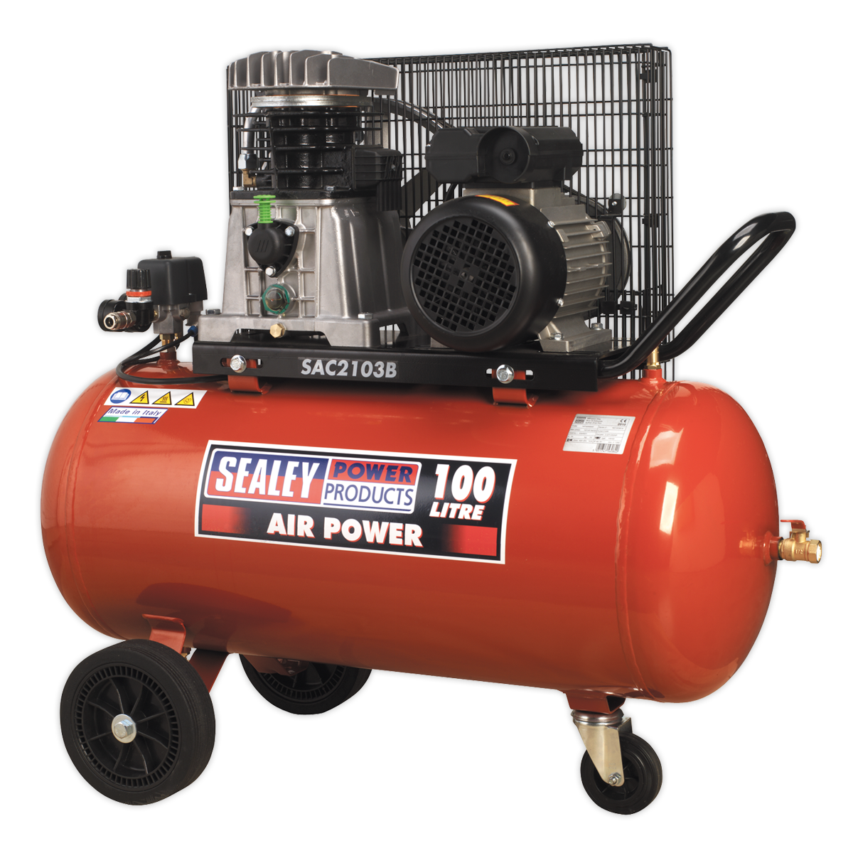 SEALEY - SAC2103B Air Compressor 100L Belt Drive 3hp with Cast Cylinders & Wheels