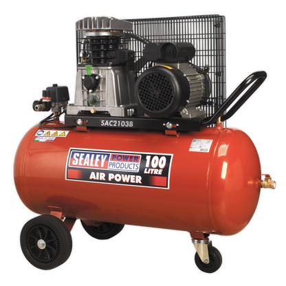 SEALEY - SAC2103B Air Compressor 100L Belt Drive 3hp with Cast Cylinders & Wheels