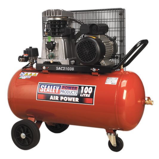 SEALEY - SAC2103B Air Compressor 100L Belt Drive 3hp with Cast Cylinders & Wheels