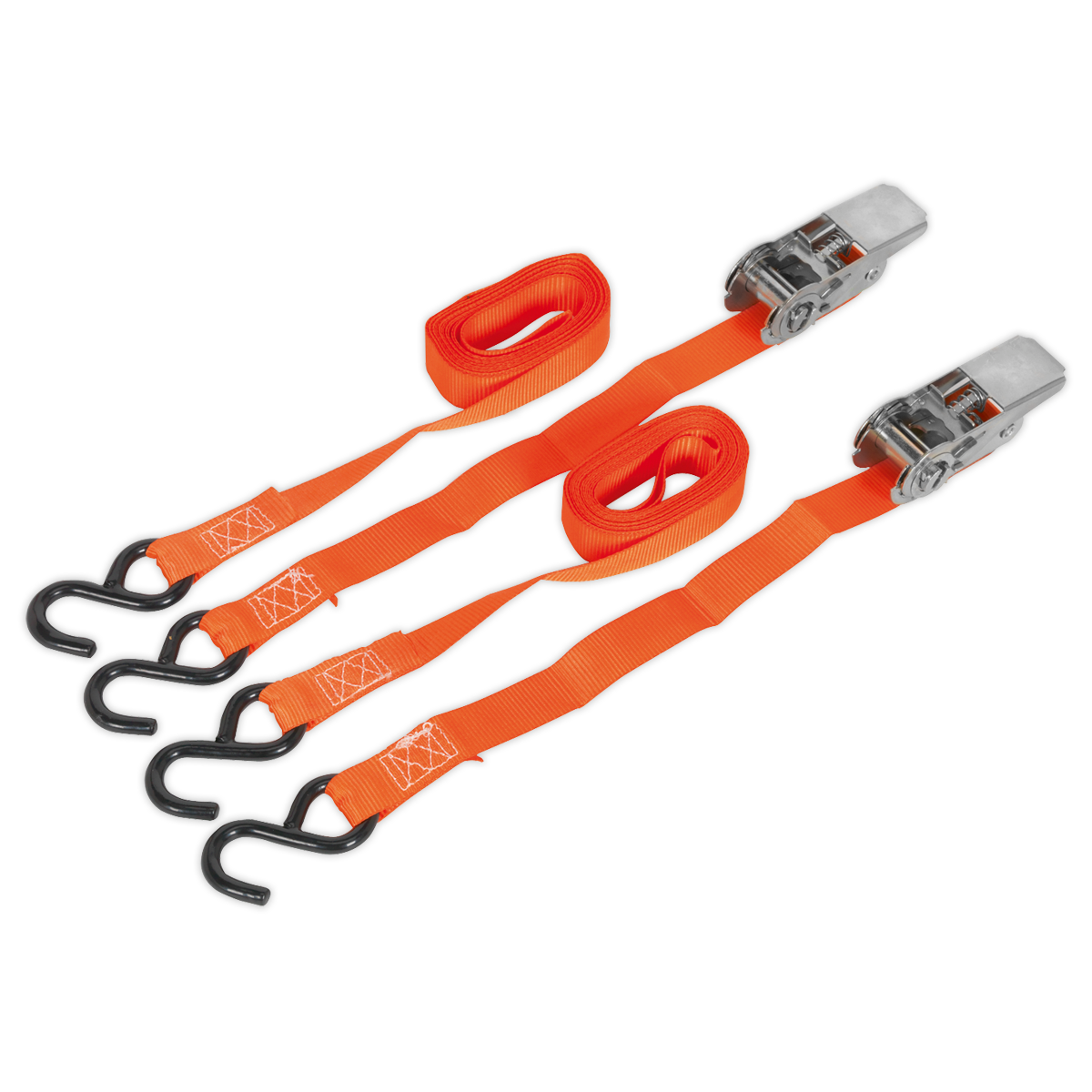 SEALEY - TD0540S2 Ratchet Tie Down 25mm x 4m Polyester Webbing with S-Hooks 500kg Breaking Strength - Pair