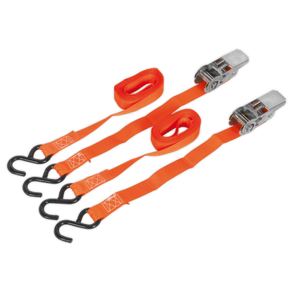 SEALEY - TD0540S2 Ratchet Tie Down 25mm x 4m Polyester Webbing with S-Hooks 500kg Breaking Strength - Pair