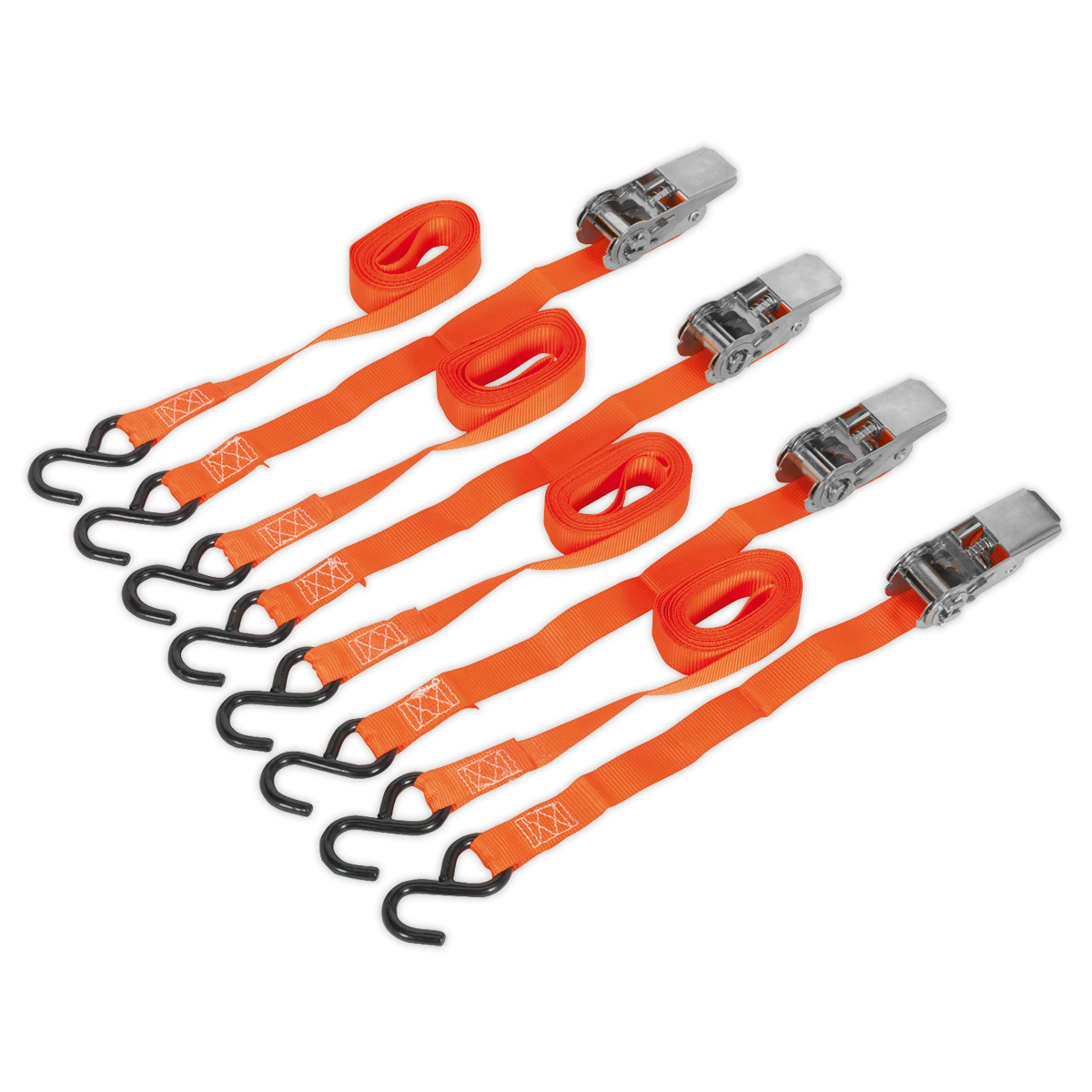 SEALEY - TD0540S4 Ratchet Tie Down 25mm x 4m Polyester Webbing with S-Hooks 500kg Breaking Strength - 2 Pairs