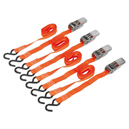 SEALEY - TD0540S4 Ratchet Tie Down 25mm x 4m Polyester Webbing with S-Hooks 500kg Breaking Strength - 2 Pairs