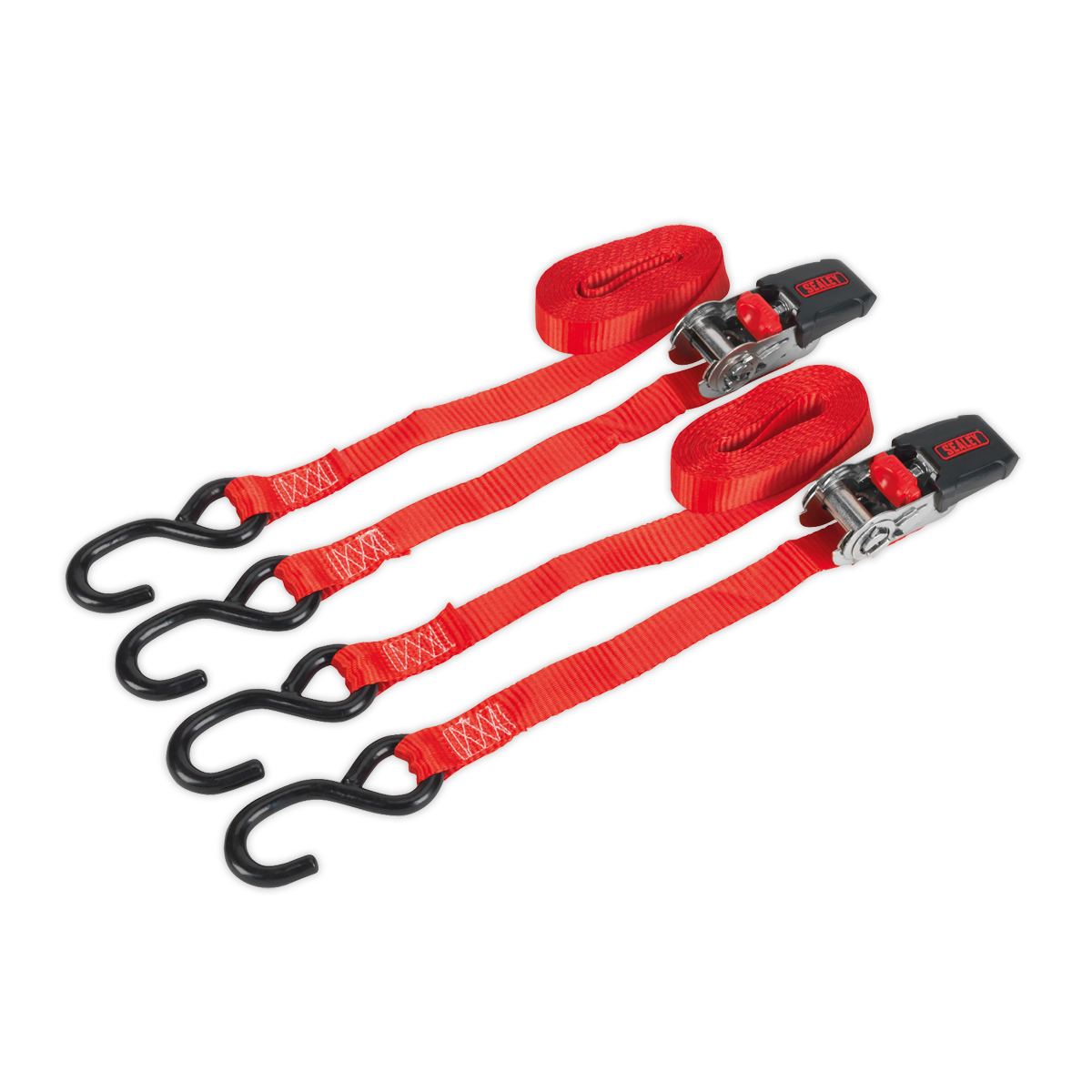 SEALEY - TD284SD Ratchet Tie Down 25mm x 4m Polyester Webbing with S-Hooks 800kg Breaking Strength - Pair