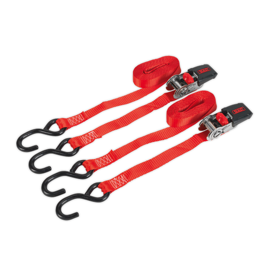 SEALEY - TD284SD Ratchet Tie Down 25mm x 4m Polyester Webbing with S-Hooks 800kg Breaking Strength - Pair