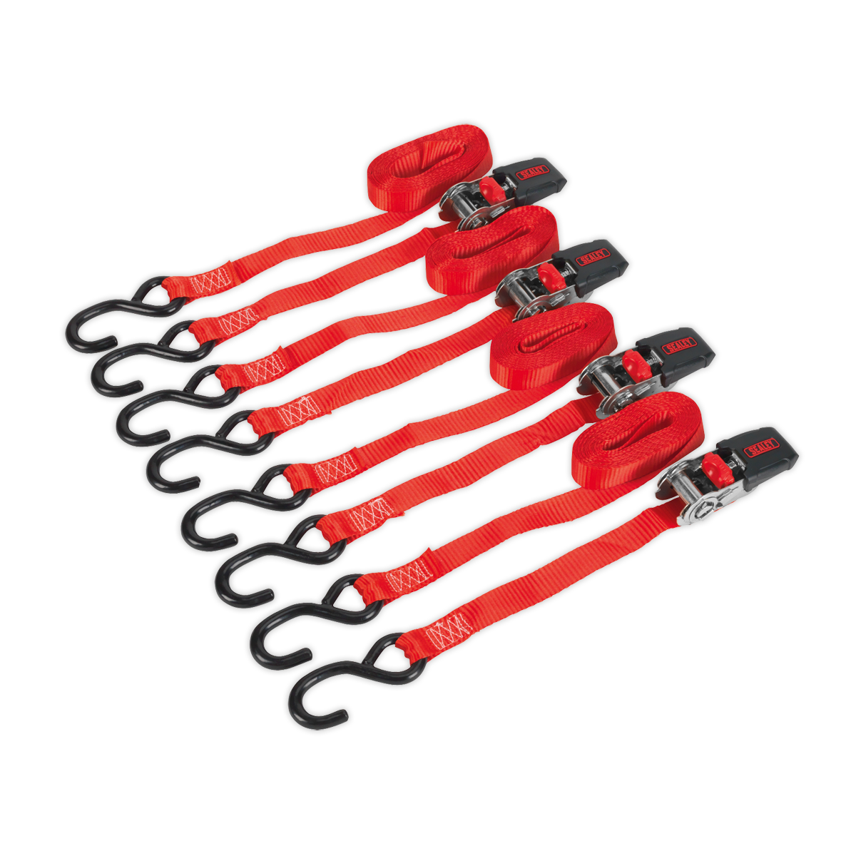 SEALEY - TD484SD Ratchet Tie Down 25mm x 4m Polyester Webbing with S-Hooks 800kg Breaking Strength - 2 Pairs