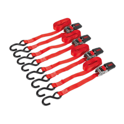 SEALEY - TD484SD Ratchet Tie Down 25mm x 4m Polyester Webbing with S-Hooks 800kg Breaking Strength - 2 Pairs