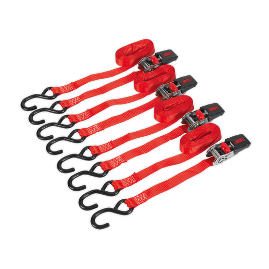 SEALEY - TD484SD Ratchet Tie Down 25mm x 4m Polyester Webbing with S-Hooks 800kg Breaking Strength - 2 Pairs