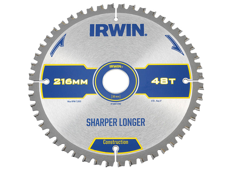 IRWIN® 1897396 Construction Mitre Circular Saw Blade 216 x 30mm x 48T ATB/Neg