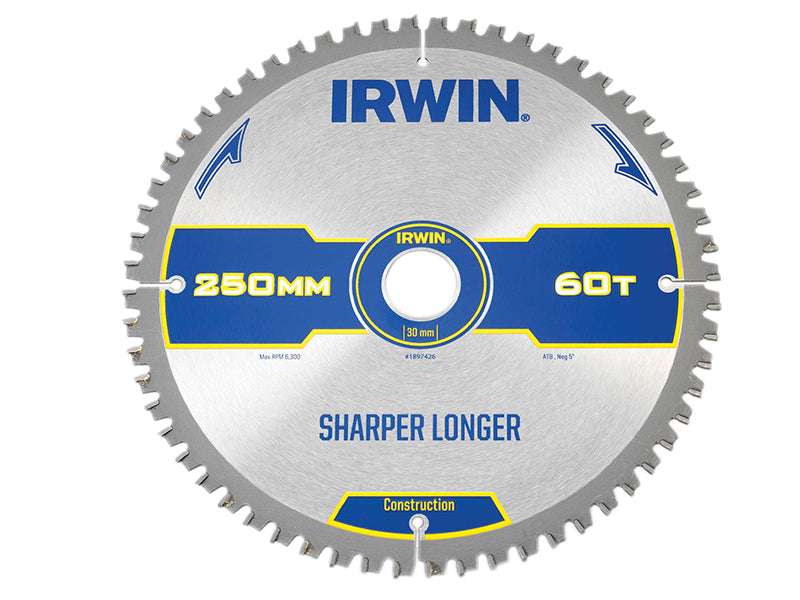 IRWIN® 1897426 Construction Mitre Circular Saw Blade 250 x 30mm x 60T ATB/Neg