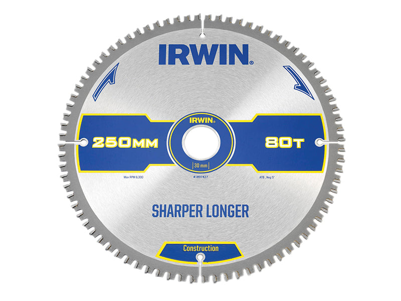 IRWIN® 1897427 Construction Mitre Circular Saw Blade 250 x 30mm x 80T ATB/Neg