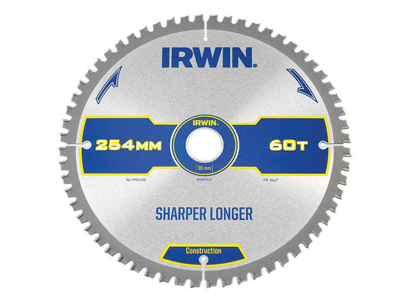 IRWIN® 1897429 Construction Mitre Circular Saw Blade 254 x 30mm x 60T ATB/Neg