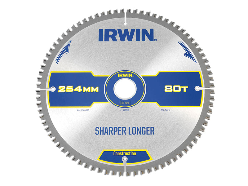 IRWIN® 1897430 Construction Mitre Circular Saw Blade 254 x 30mm x 80T ATB/Neg