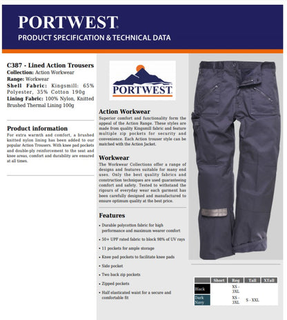Portwest C387 - Navy Sz M Lined Action Trousers Work Safety