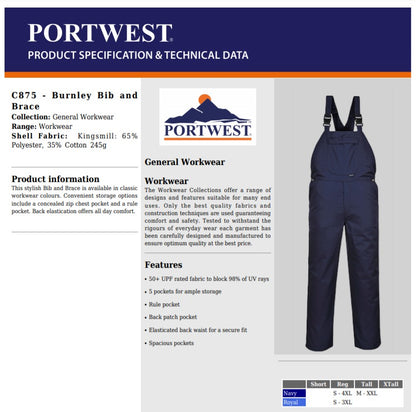 Portwest C875 - Navy Sz S Regular Burnley Bib and Brace Overall Coverall