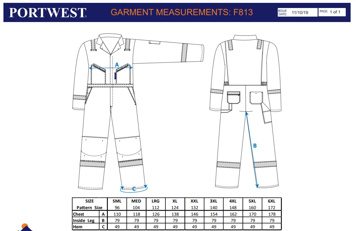 Portwest F813 - Black Sz 3XL Iona Coverall Boiler Suit Hi Vis Bands