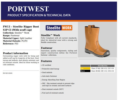 Portwest FW13 - Tan Sz UK 4 Steelite Rigger Boot S1P CI (With scuff cap) Safety