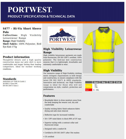 Portwest S477 - Yellow Sz 5XL Hi-Vis Short Sleeve Polo Shirt Reflective