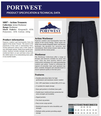 Portwest S887- Navy Sz 38 Tall Action Work Trousers Safety