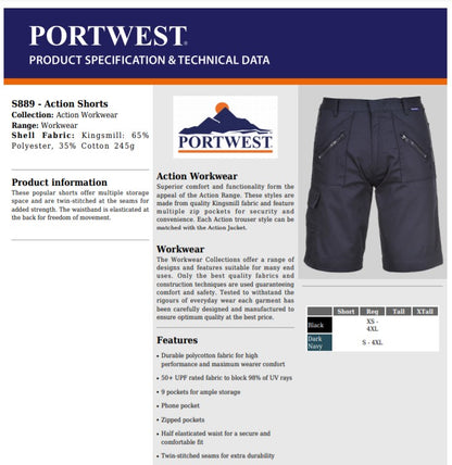 Portwest S889 - Black Sz XL Action Work Shorts Safety Combat