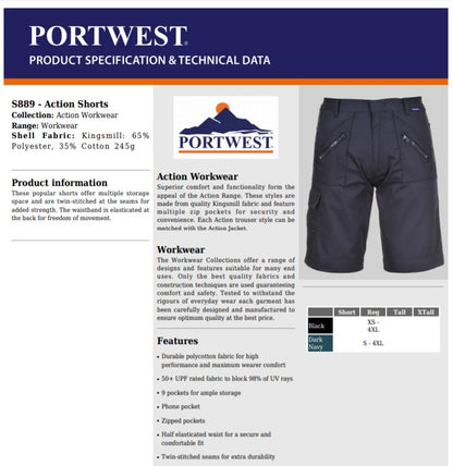 Portwest S889 - Black Sz 4XL Action Work Shorts Safety Combat