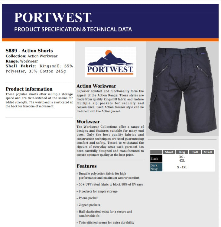 Portwest S889 - Black Sz L Action Work Shorts Safety Combat