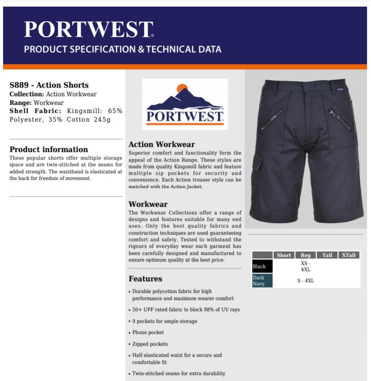 Portwest S889 - Black Sz S Action Work Shorts Safety Combat