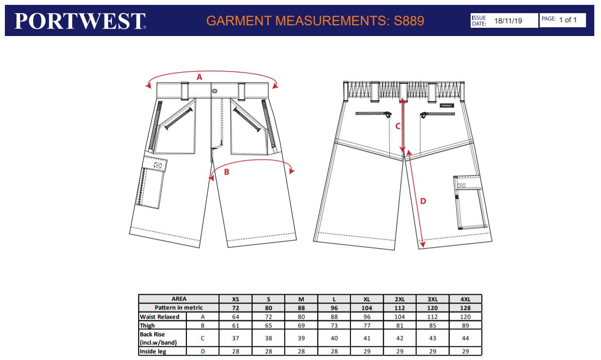Portwest S889 - Black Sz 4XL Action Work Shorts Safety Combat