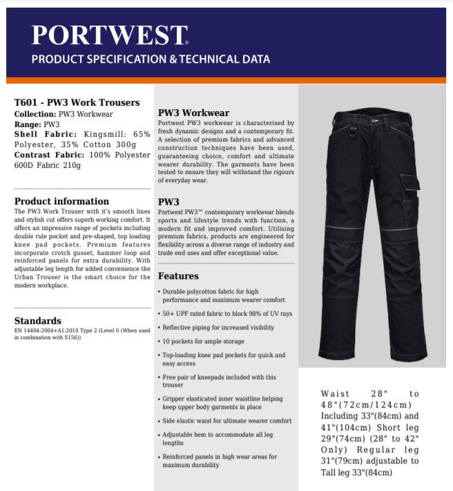 Portwest T602 - Grey/Black  42 Regular PW3 Holster Work Trousers Combat Cargo Pants