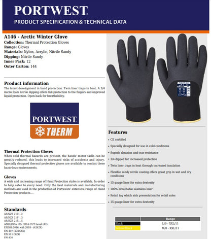Portwest A146 - Yellow Sz L Arctic Winter Glove