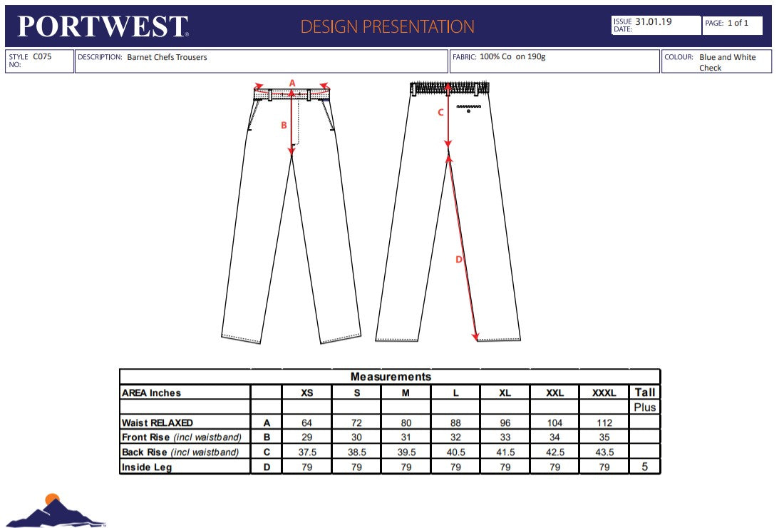 Portwest C075 - Black Sz XS  Barnet Chefs Checked Trousers