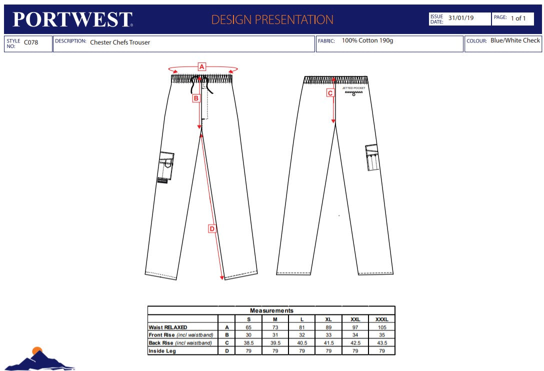 Portwest C078 - Sz 3XL  Chester Chefs Checked Trousers Check Checkered