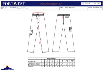 Portwest C078 - Sz 3XL  Chester Chefs Checked Trousers Check Checkered