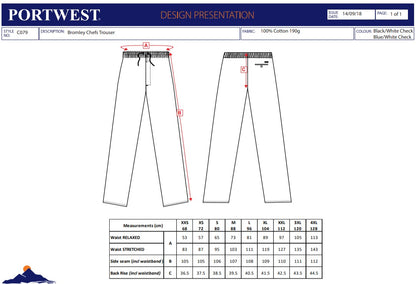 Portwest C079 - Check Sz L Tall Bromley Chefs Trousers Checked Checkered