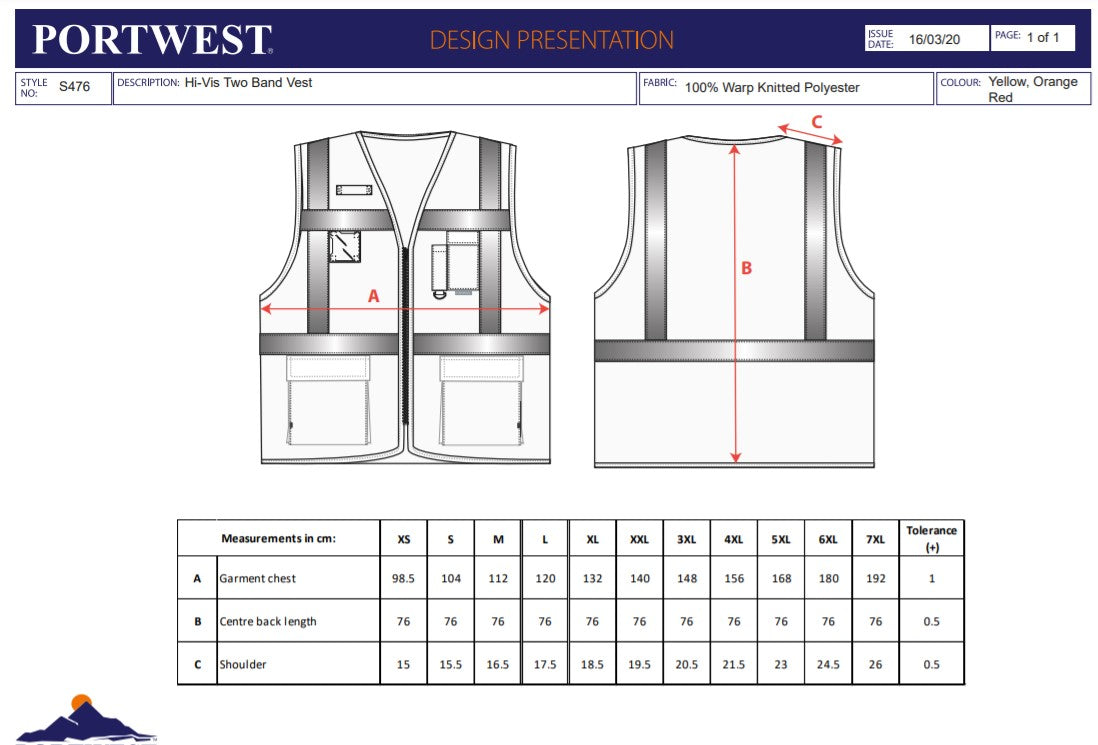 Portwest S476 Orange Sz L Hi-Vis Vest Berlin Executive Pockets Reflective