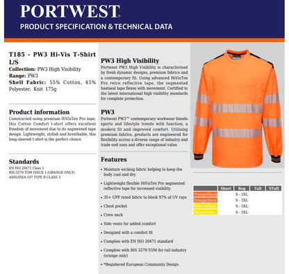 Portwest T185 - Orange/Navy  Small PW3 Hi-Vis T-Shirt Long Sleeved Reflective