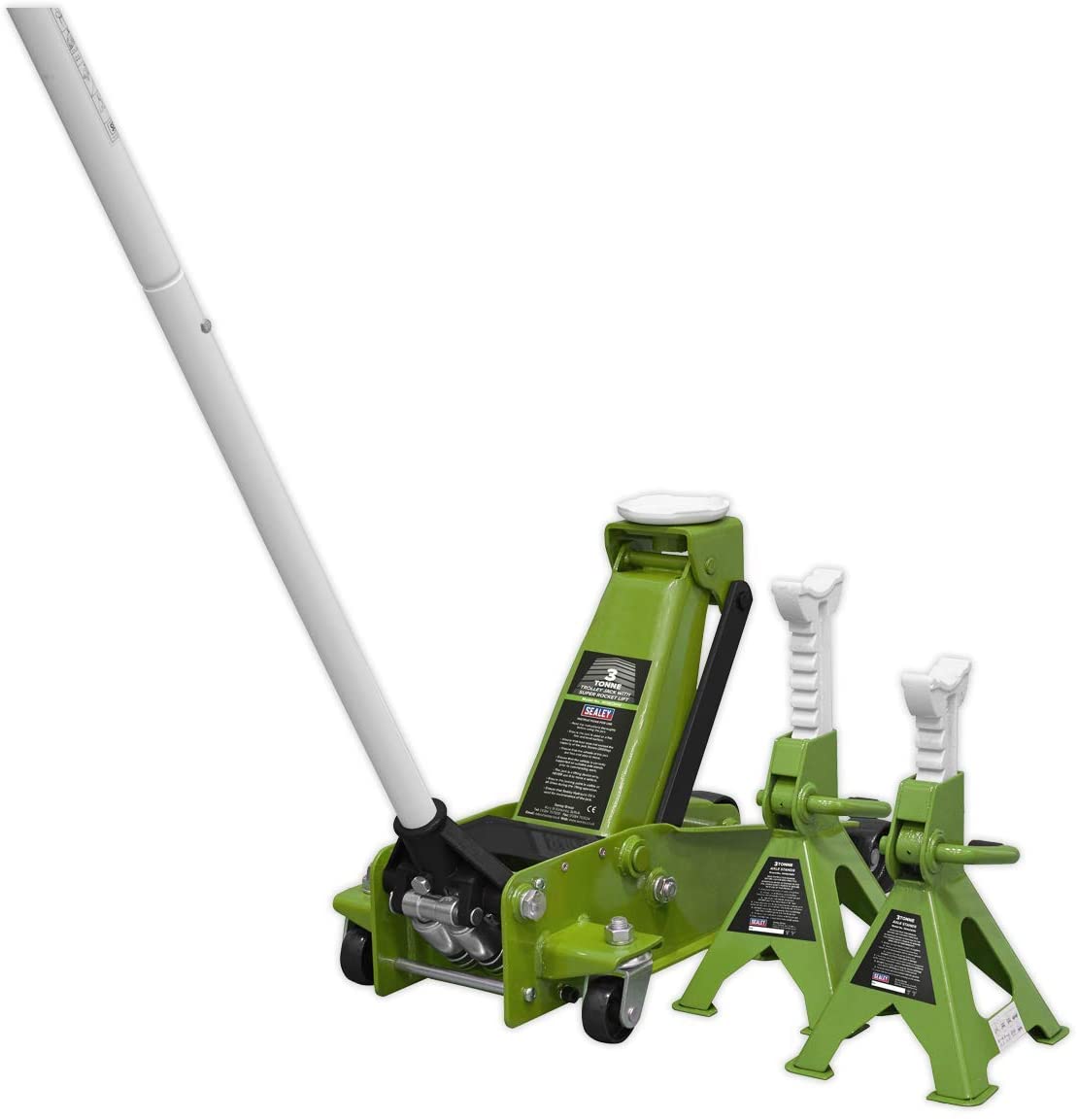 SEALEY - 3015CXHV Trolley Jack 3tonne with Super Rocket Lift & Axle Stands (Pair) 3tonne Capacity per Stand-Hi-Vis